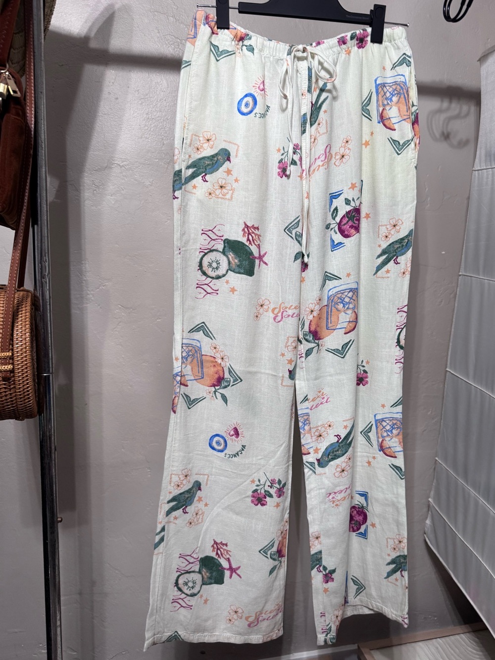 Angel Kiss Linen Blend Cream Wide-Leg Printed Lounge Pants Medium